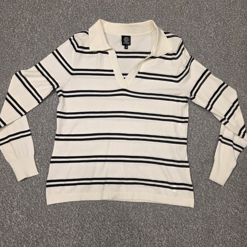 Bobeau Black and Cream Striped V-Neck Sweater